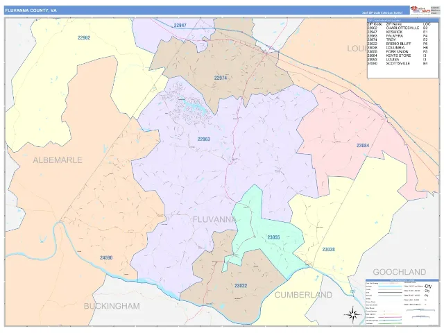 Fluvanna County, VA ZIP Code Wall Map, ColorCast style