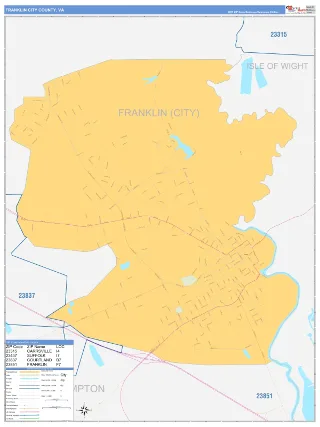 Franklin City County, VA Business Reference style ZIP Code wall map