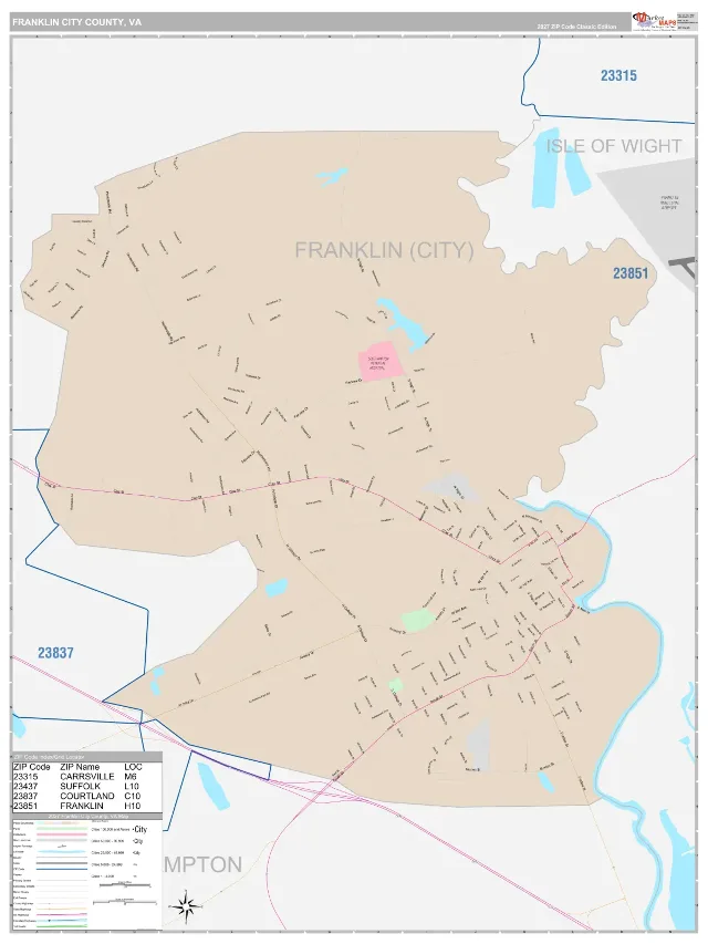 Franklin City County, VA ZIP Code Wall Map, Classic style