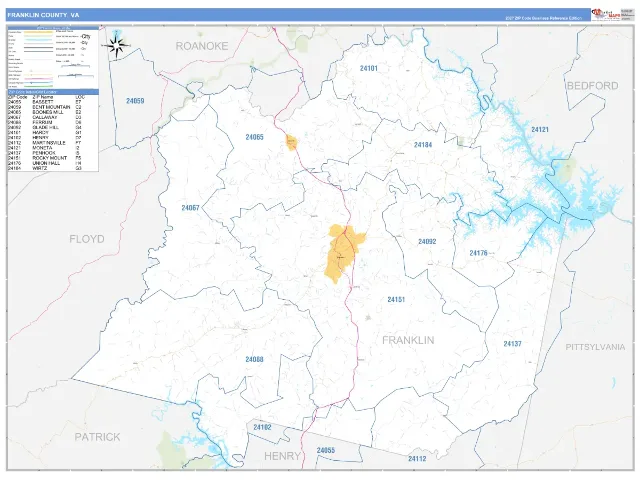 Franklin County, VA ZIP Code Wall Map, Business Reference style
