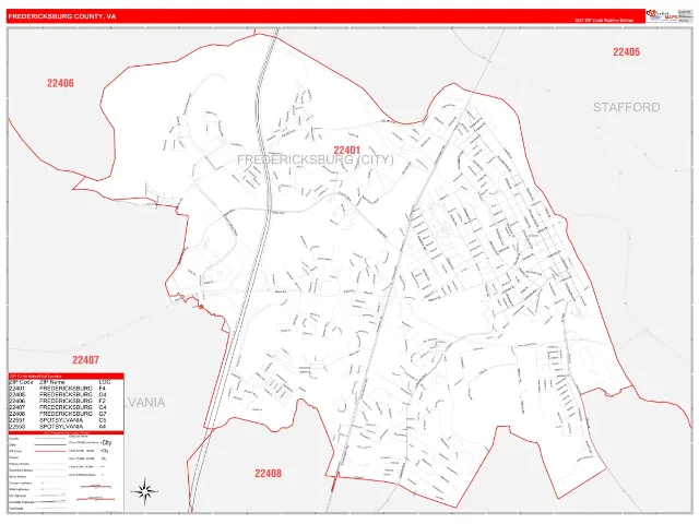 Fredericksburg County, VA ZIP Code Wall Map, RedLine style