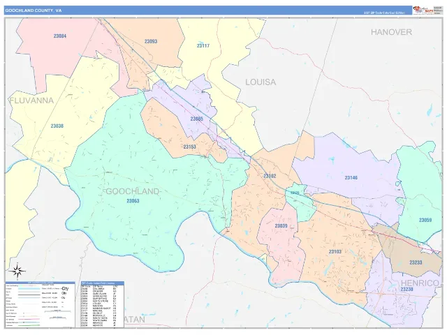 Goochland County, VA ZIP Code Wall Map, ColorCast style