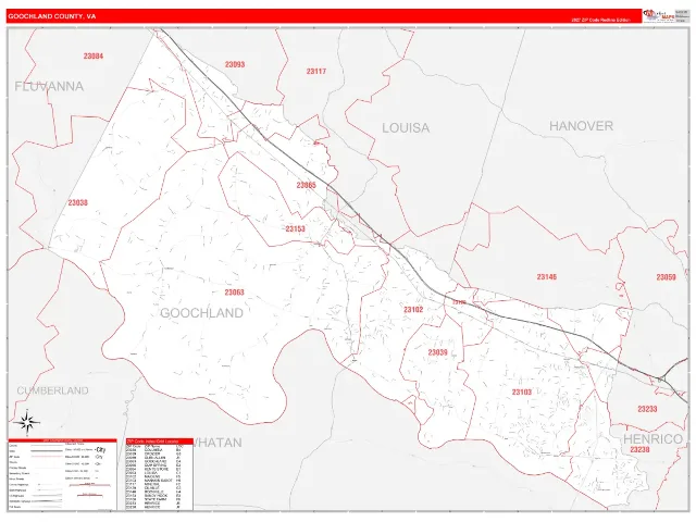 Goochland County, VA ZIP Code Wall Map, RedLine style