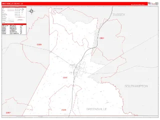 Greensville County, VA RedLine style ZIP Code wall map