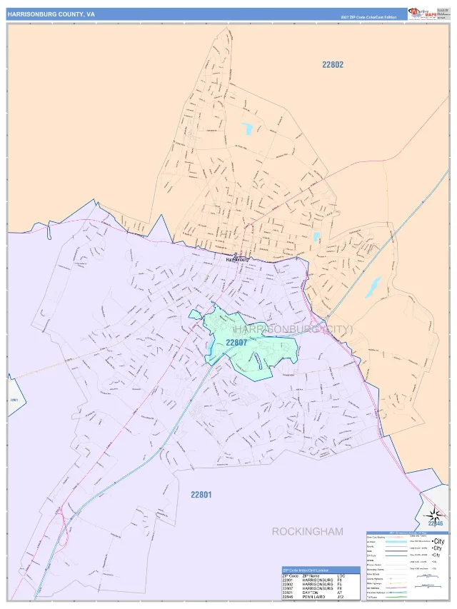 Harrisonburg County, VA ZIP Code Wall Map, ColorCast style