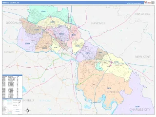 Henrico County, VA ColorCast style ZIP Code wall map