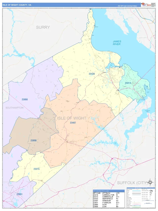 Isle of Wight County, VA ZIP Code Wall Map, ColorCast style