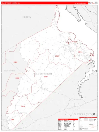 Isle of Wight County, VA RedLine style ZIP Code wall map