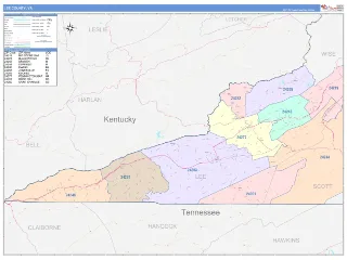 Lee County, VA ColorCast style ZIP Code wall map