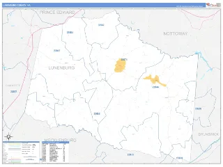 Lunenburg County, VA Business Reference style ZIP Code wall map