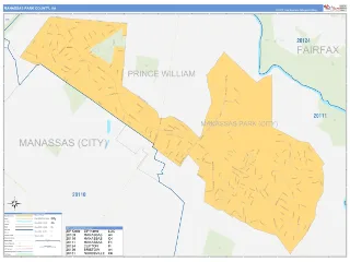 Manassas Park County, VA Business Reference style ZIP Code wall map