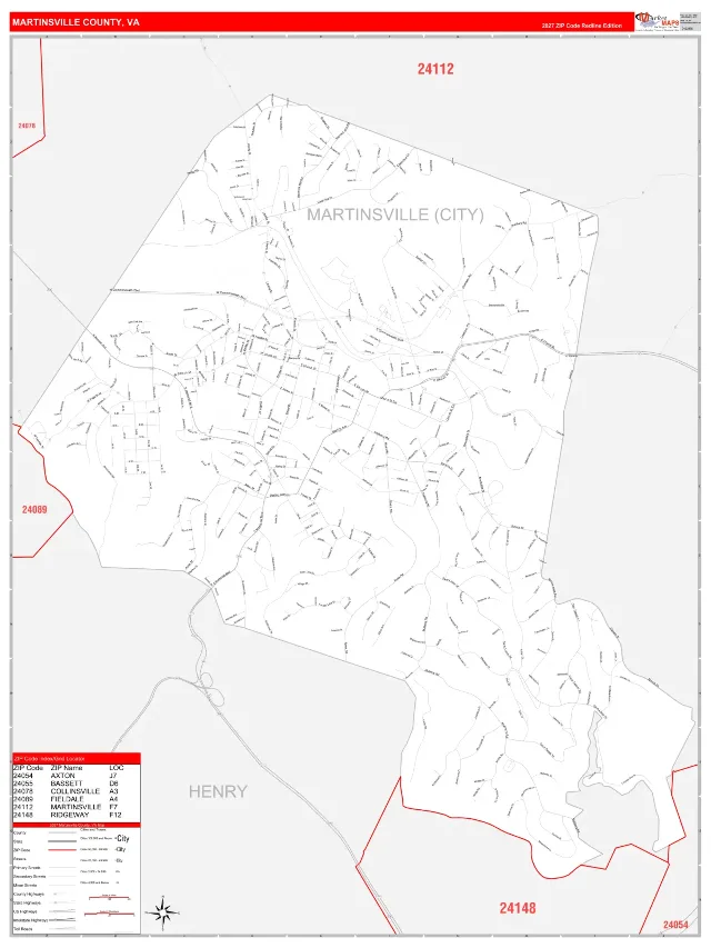 Martinsville County, VA ZIP Code Wall Map, RedLine style