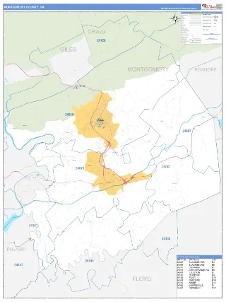 Montgomery County, VA Business Reference style ZIP Code wall map