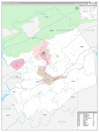 Montgomery County, VA Classic style ZIP Code wall map