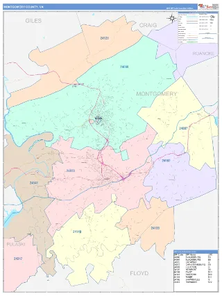 Montgomery County, VA ColorCast style ZIP Code wall map