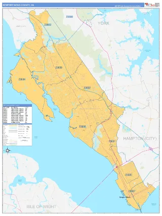 Newport News County, VA Business Reference style ZIP Code wall map