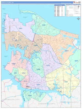 Norfolk County, VA ColorCast style ZIP Code wall map