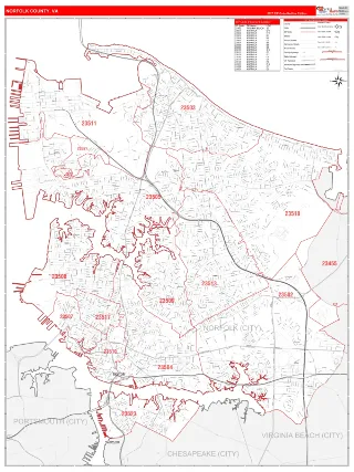 Norfolk County, VA RedLine style ZIP Code wall map