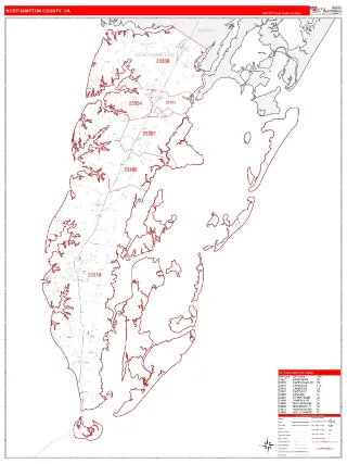 Northampton County, VA RedLine style ZIP Code wall map