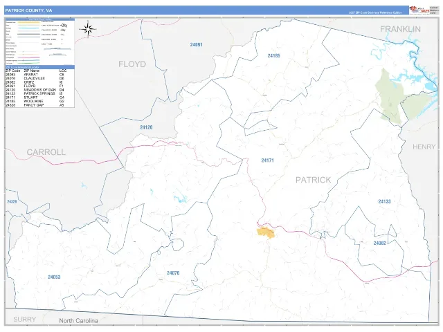 Patrick County, VA ZIP Code Wall Map, Business Reference style