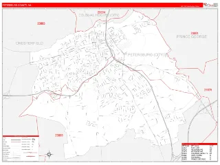 Petersburg County, VA RedLine style ZIP Code wall map