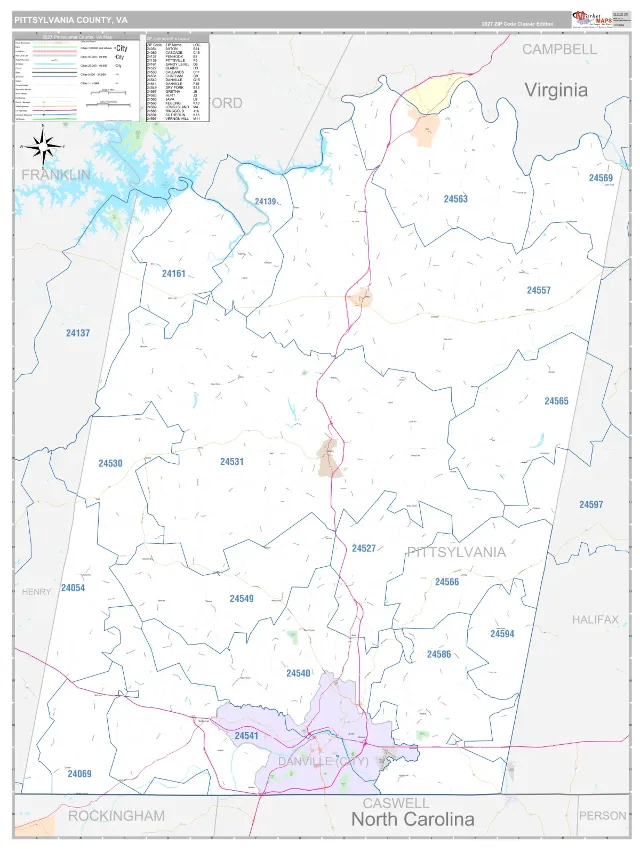 Pittsylvania County, VA ZIP Code Wall Map, Classic style