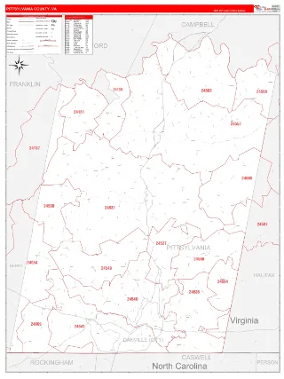 Pittsylvania County, VA RedLine style ZIP Code wall map