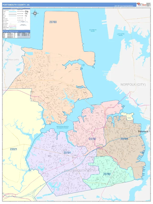 Portsmouth County, VA ZIP Code Wall Map, ColorCast style