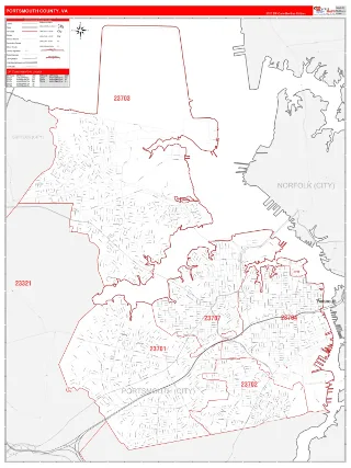 Portsmouth County, VA RedLine style ZIP Code wall map