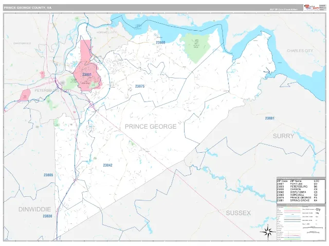 Prince George County, VA ZIP Code Wall Map, Classic style