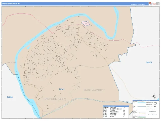 Radford County, VA ZIP Code Wall Map, ColorCast style