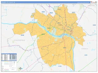 Richmond City County, VA Business Reference style ZIP Code wall map