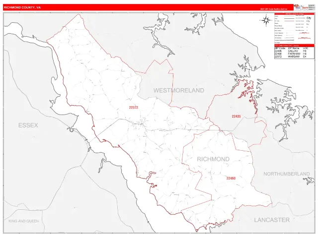 Richmond County, VA ZIP Code Wall Map, RedLine style