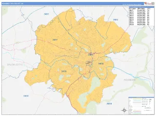 Roanoke City County, VA Business Reference style ZIP Code wall map