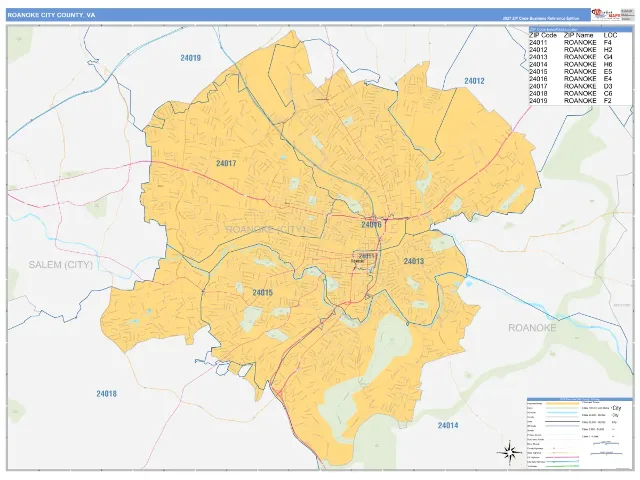 Roanoke City County, VA ZIP Code Wall Map, Business Reference style