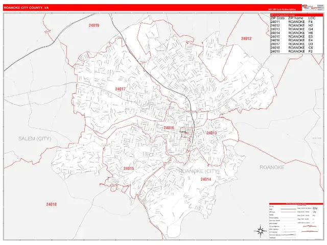 Roanoke City County, VA ZIP Code Wall Map, RedLine style
