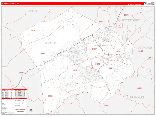 Roanoke County, VA ZIP Code Wall Map, RedLine style