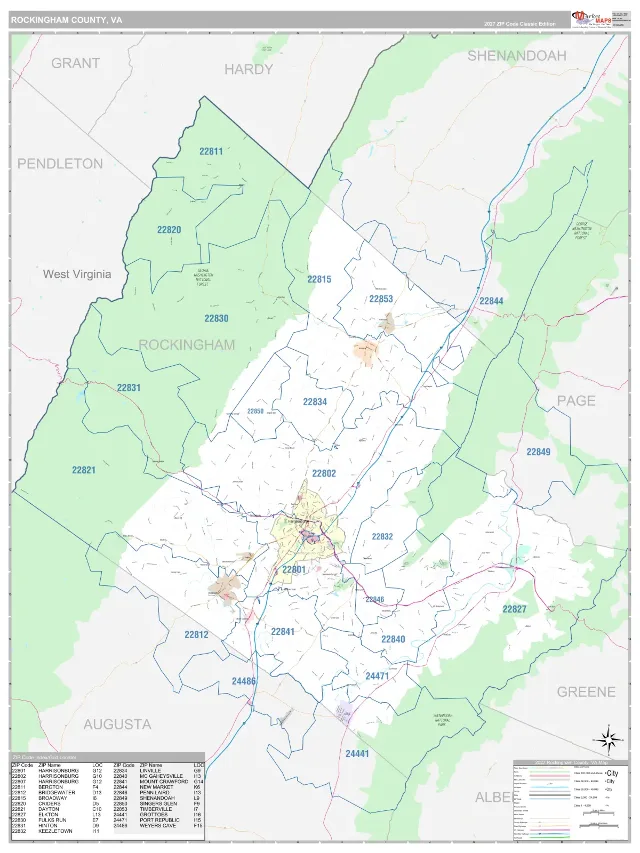 Rockingham County, VA ZIP Code Wall Map, Classic style