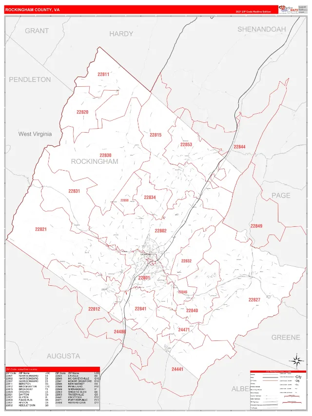 Rockingham County, VA ZIP Code Wall Map, RedLine style