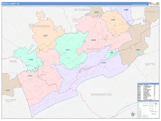 Russell County, VA ColorCast style ZIP Code wall map