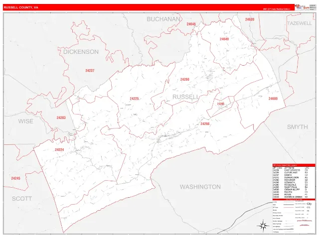Russell County, VA ZIP Code Wall Map, RedLine style