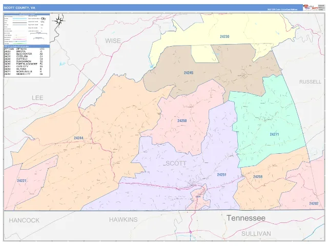 Scott County, VA ZIP Code Wall Map, ColorCast style