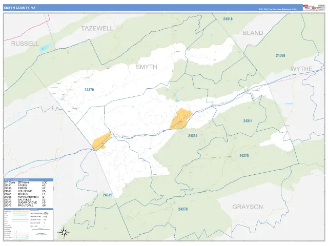 Smyth County, VA ZIP Code Wall Map, Business Reference style