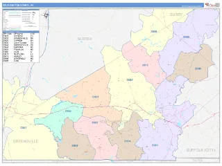 Southampton County, VA ColorCast style ZIP Code wall map