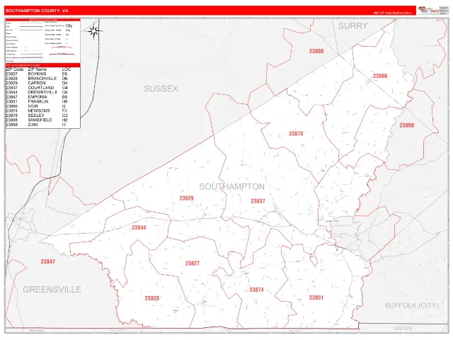 Southampton County, VA ZIP Code Wall Map, RedLine style