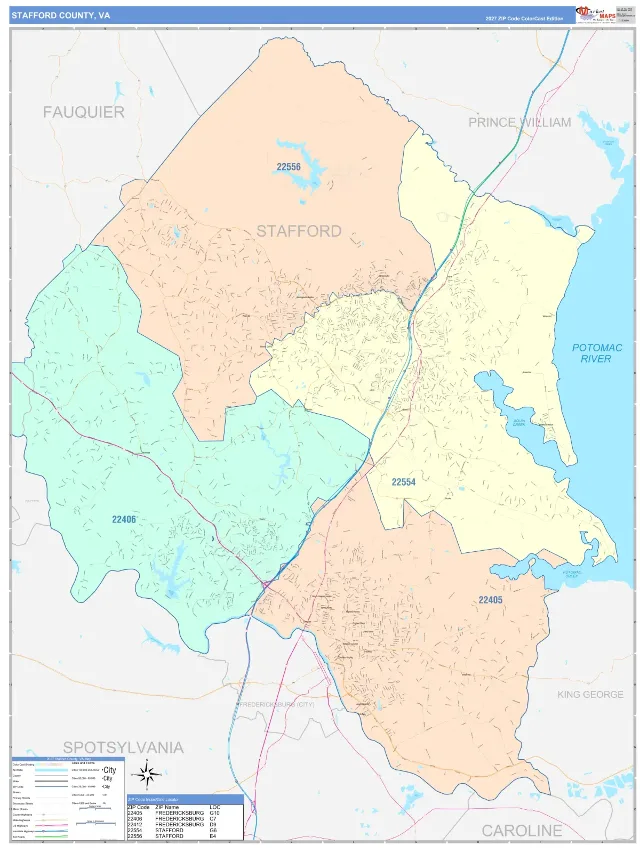 Stafford County, VA ZIP Code Wall Map, ColorCast style