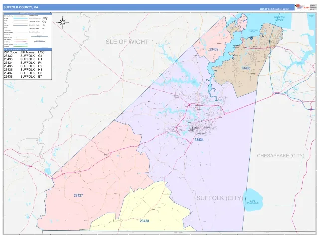 Suffolk County, VA ZIP Code Wall Map, ColorCast style