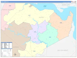 Surry County, VA ColorCast style ZIP Code wall map