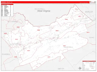 Tazewell County, VA RedLine style ZIP Code wall map