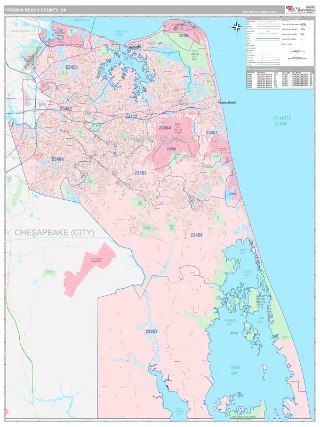 Virginia Beach County, VA Classic style ZIP Code wall map